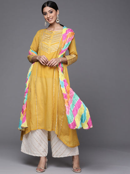 Indyancart VA Women's Mustard Yellow & Yellow Gotta Patti Cotton Kurta with Palazzos & Dupatta