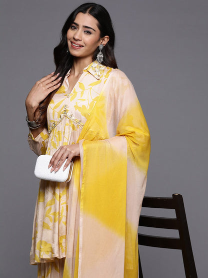 Indyancart VA Floral Embroidered Empire Beads & Stones Pure Silk Kurti with Sharara & Dupatta