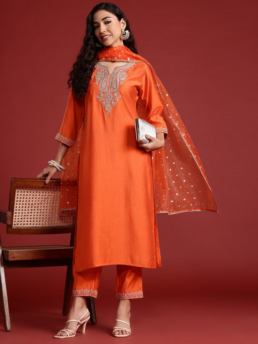 Paisley Yoke Design Zari Liva Kurta With Trousers & Dupatta