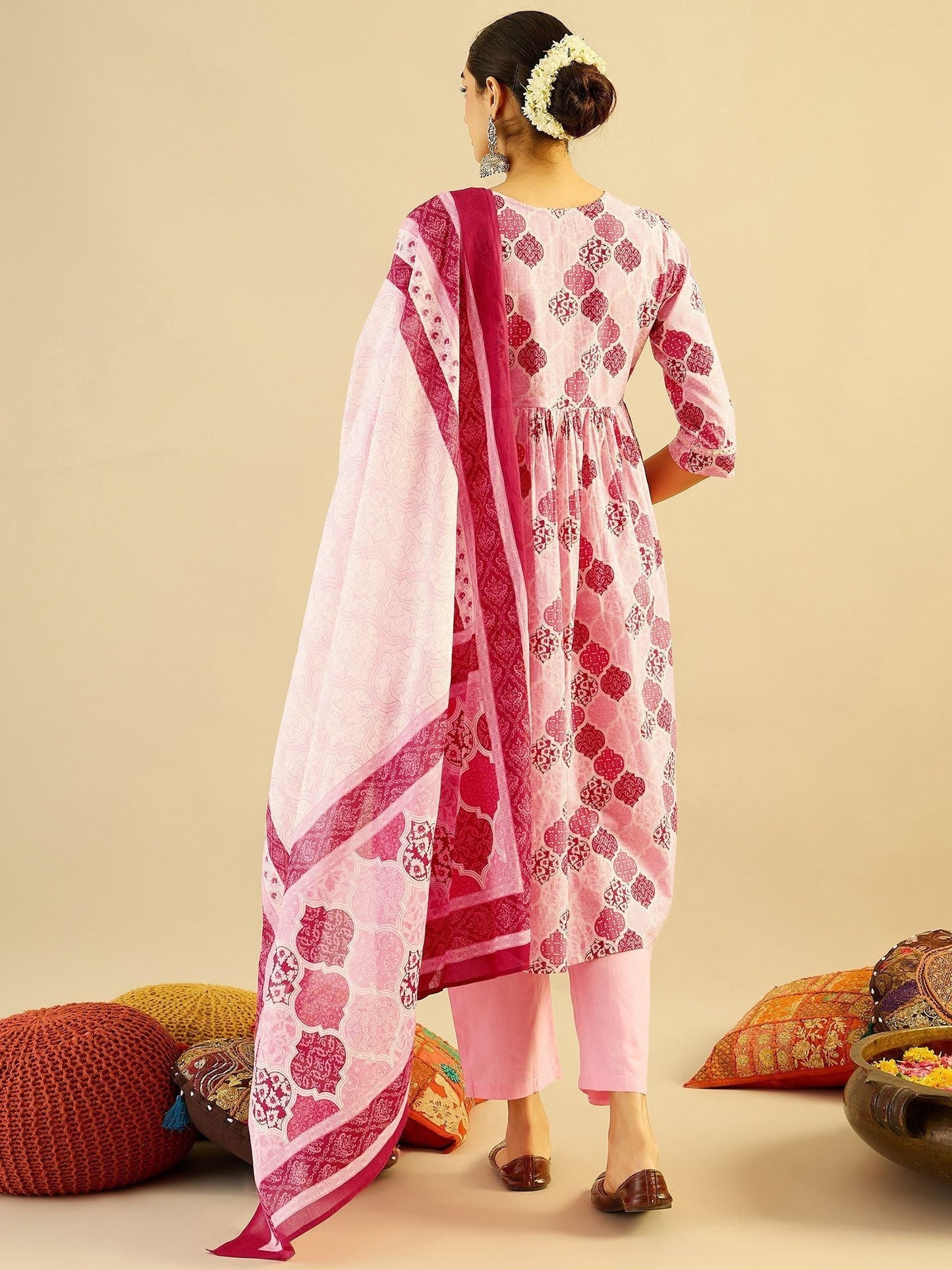 Dhiyona IE Ethnic Motifs Printed Mirror Work Pure Cotton Kurta with Trouser And Dupatta