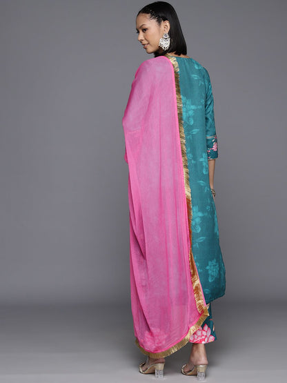Indyancart VA Women's Floral Printed Regular Gotta Patti Kurta with Trousers & Dupatta