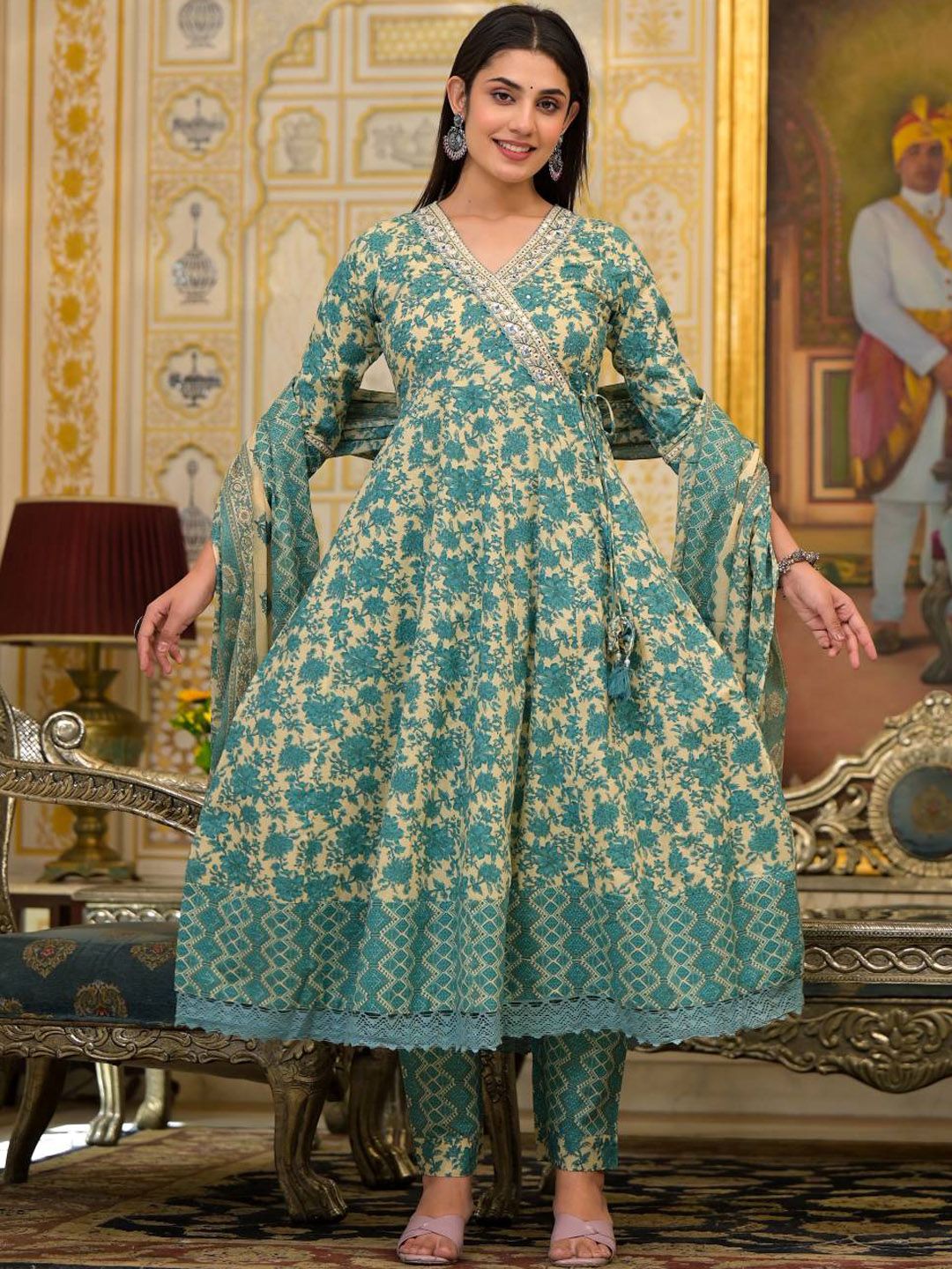 Indyancart VA Women'sEthnic Motifs Printed Mirror Work Pure Cotton Kurta with Trousers & Dupatta