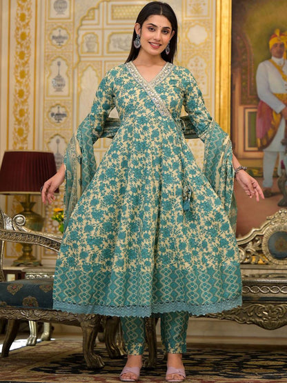 Indyancart VA Women'sEthnic Motifs Printed Mirror Work Pure Cotton Kurta with Trousers & Dupatta