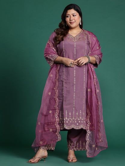 Indyancart IE Plus Size Ethnic Motifs Embroidered Sequinned Kurta with Trousers & With Dupatta