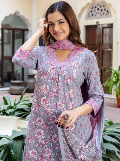 Indyancart IE Floral Printed Panelled V-Neck Pure Cotton Kurta With Trousers & Dupatta