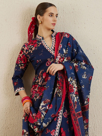 Indyancart IE Plus Size Floral Printed Angrakha Pure Cotton Kurta Trousers & Dupatta