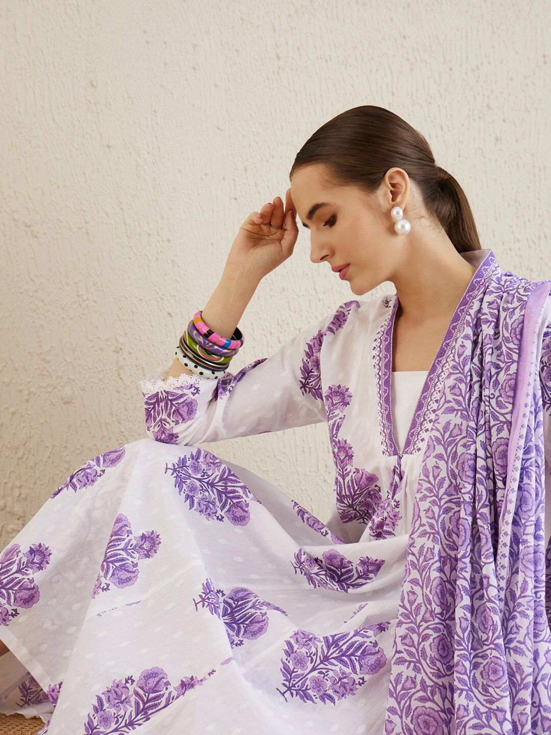 V-Neck Floral Printed Panelled Pure Cotton Kurta Set
