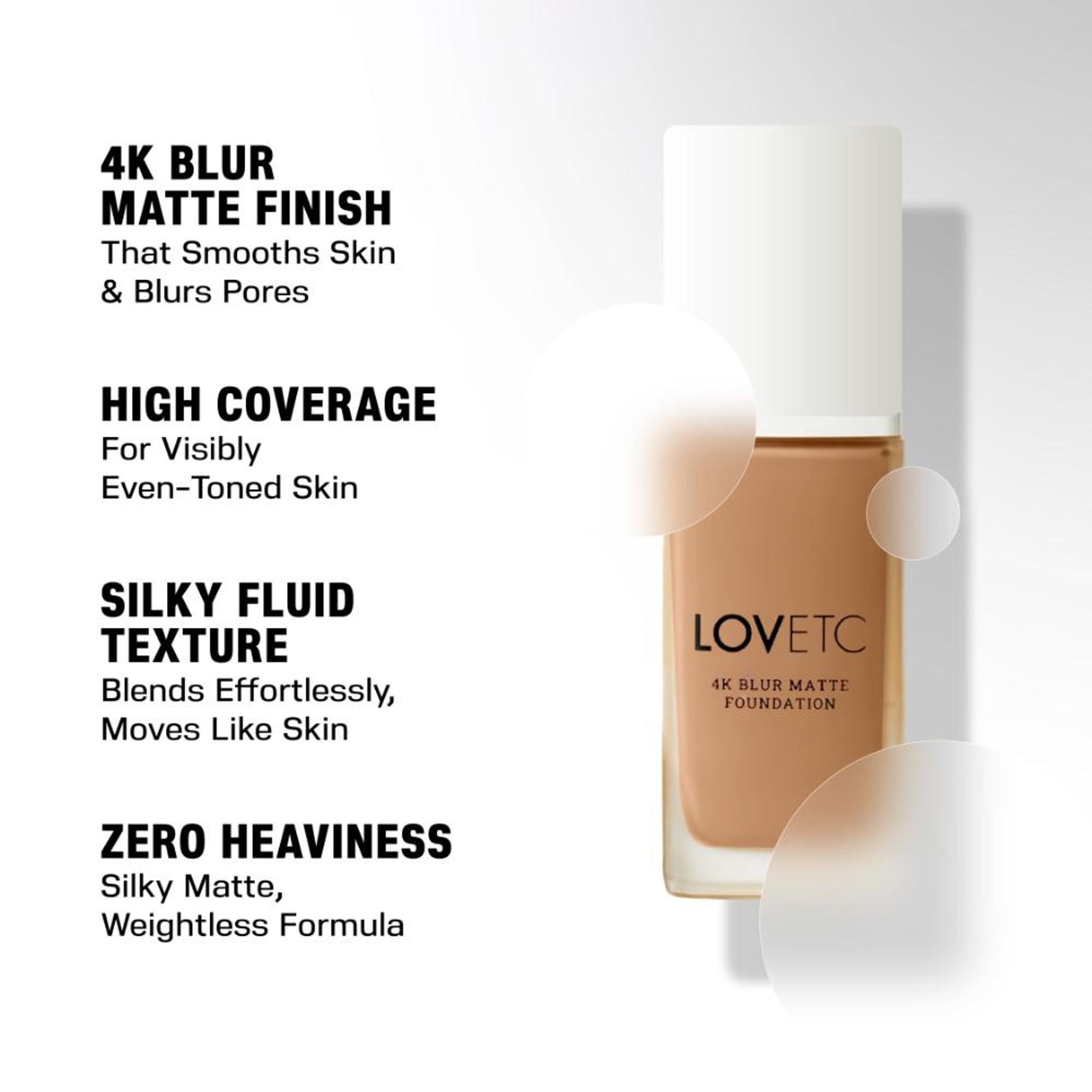 LOVETC 4K Blur Matte Foundation, Full Coverage, Hyaluronic Acid & Peptides - Oat