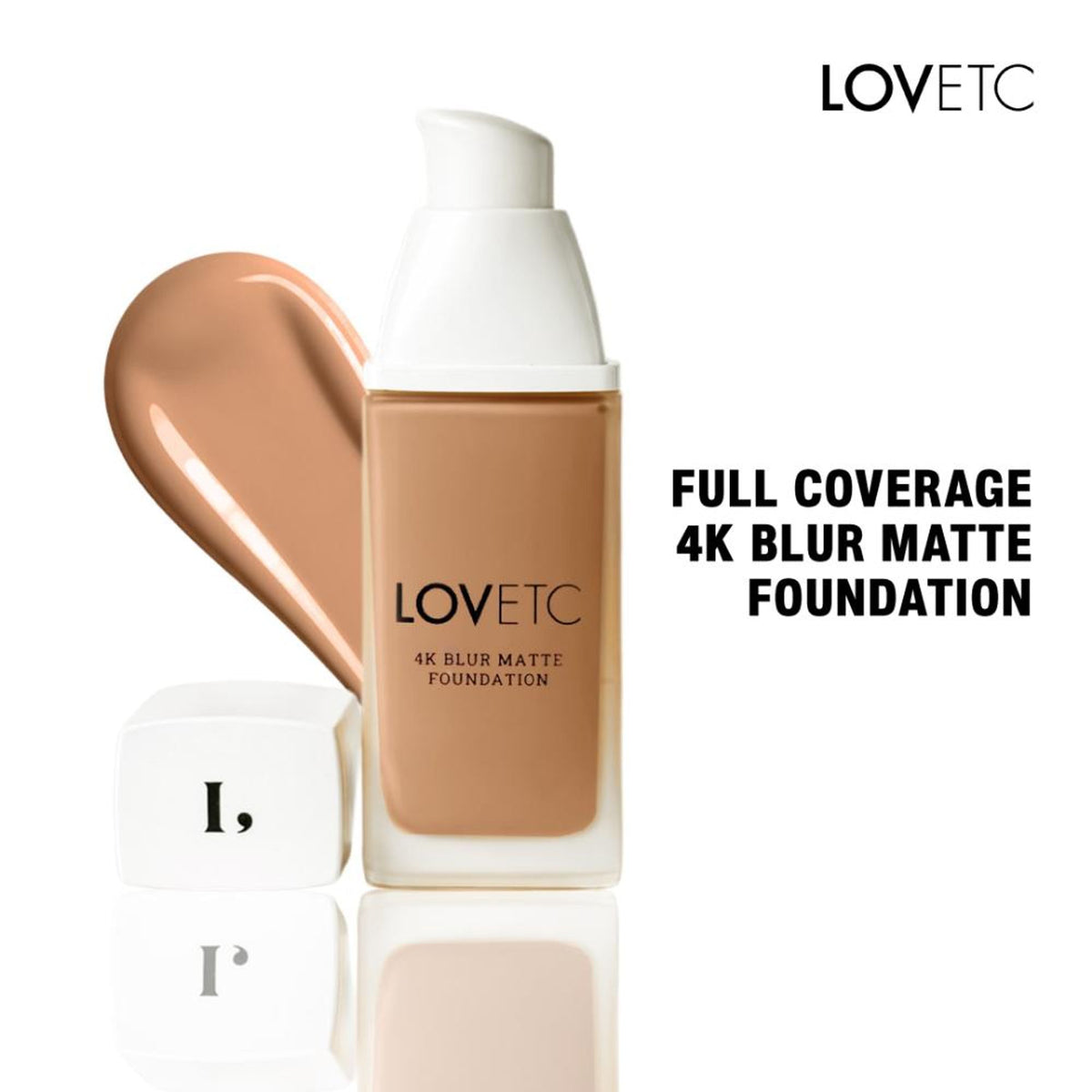 LOVETC 4K Blur Matte Foundation in Honey with full coverage, hyaluronic acid, and peptides, showcased in a sleek makeup bottle.