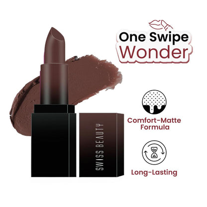 Swiss Beauty HD Matte Lipstick , High Coverage , Lightweight - 19 Dark Brown