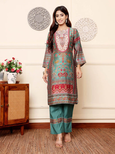 Indyancart VA Women'sEthnic Motifs Printed Chanderi Silk Tunic With Trousers