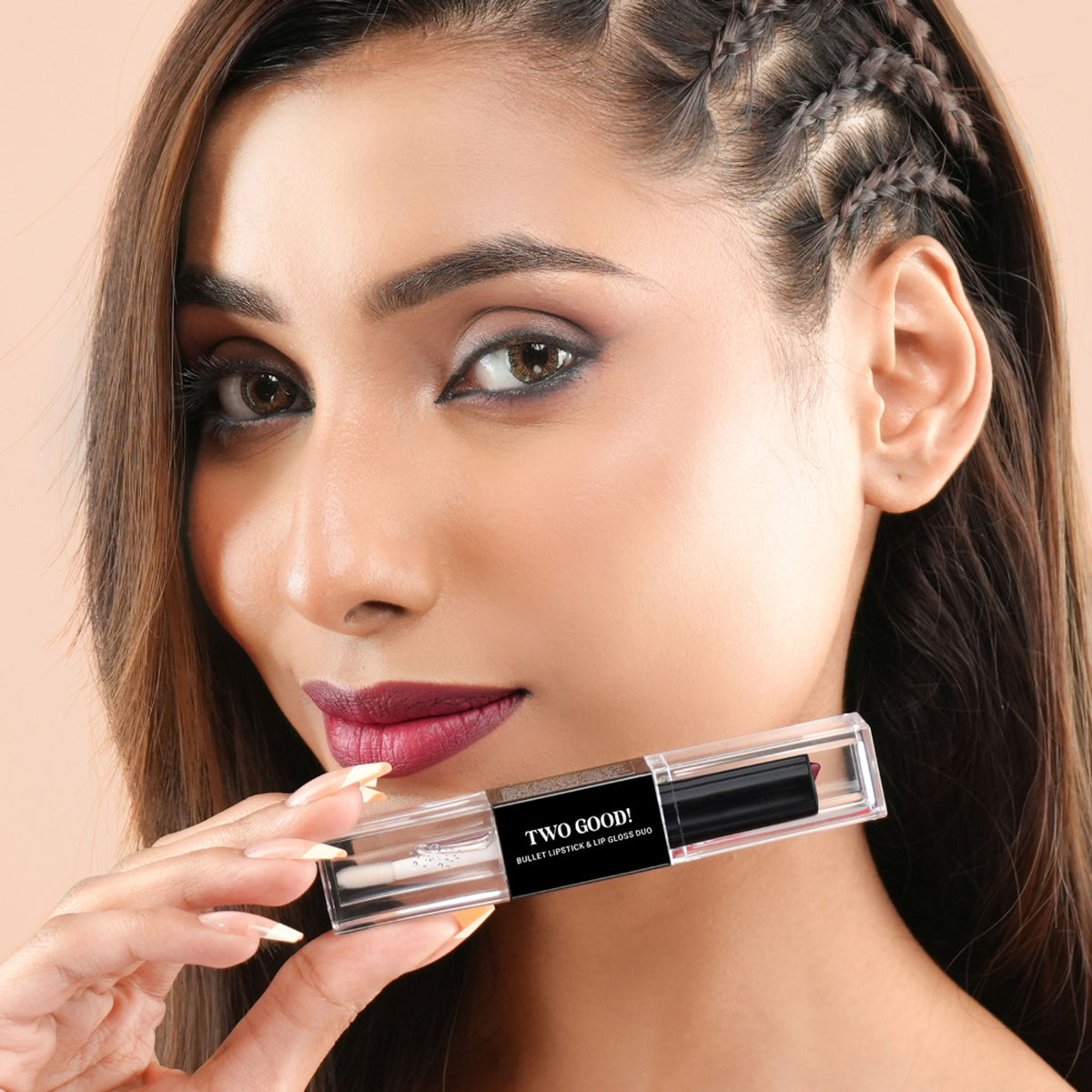 Bella Vita Organic Two Good 2-in-1 Lipstick and Gloss Duo with two charming shades in sleek packaging.