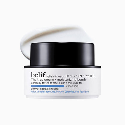 belif Moisturizing Bomb Cream vegan Korean face cream with ceramides and peptides for barrier repair, shown in a jar with a white lid