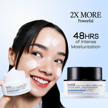 belif Moisturizing Bomb Cream with ceramides and peptides, vegan Korean face cream for barrier repair, shown in a jar with product label