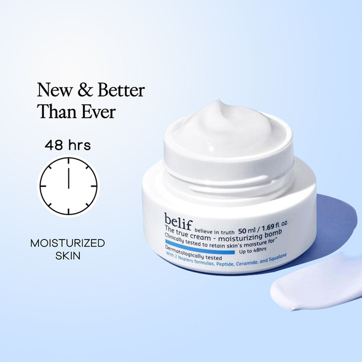 belif Moisturizing Bomb Cream, vegan Korean face cream with ceramides and peptides for barrier repair, shown in a jar
