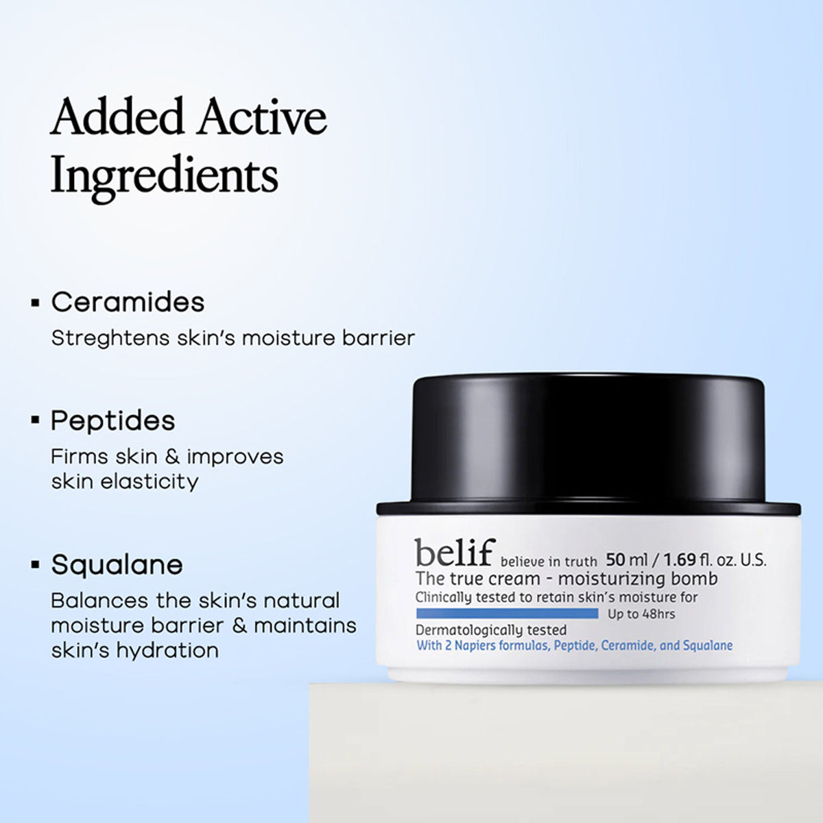 belif Moisturizing Bomb Cream vegan Korean face cream with ceramides and peptides for barrier repair, shown in a jar.