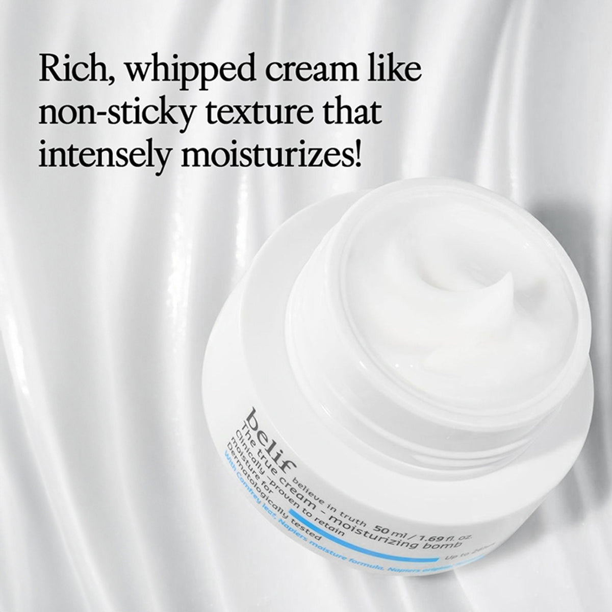 belif Moisturizing Bomb Cream vegan Korean face cream with ceramides and peptides for barrier repair, shown in a jar with a smooth texture