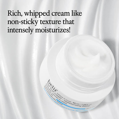 belif Moisturizing Bomb Cream vegan Korean face cream with ceramides and peptides for barrier repair, shown in a jar with a smooth texture