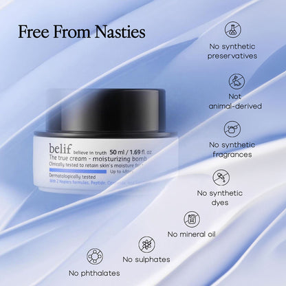 belif Moisturizing Bomb Cream vegan Korean face cream with ceramides and peptides for barrier repair, shown in a jar