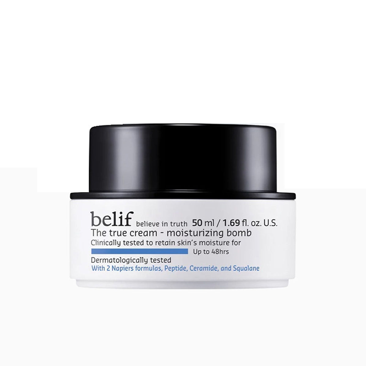 belif Moisturizing Bomb Cream vegan face cream with ceramides and peptides for barrier repair, shown in a jar with a smooth texture