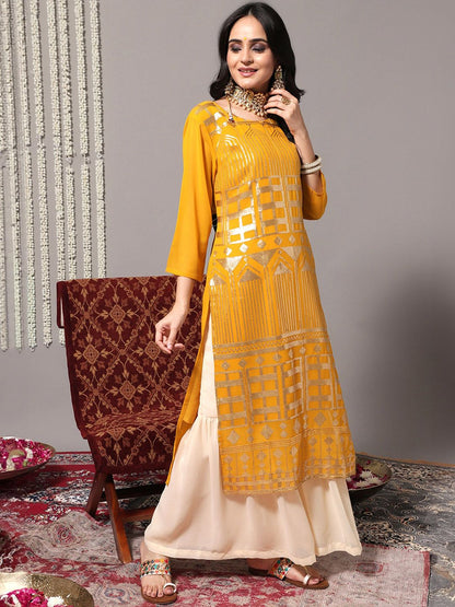 Indyancart VA Women'sEthnic Motifs Embroidered Sequinned Detail Straight Kurta & Sharara With Dupatta