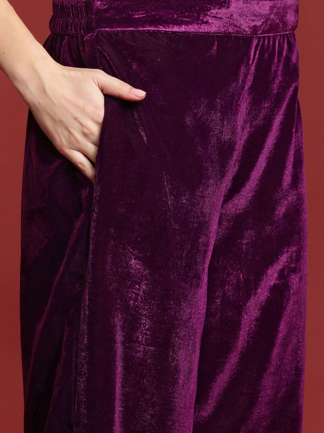 Indyancart IE Ethnic Motifs Embroidered Zari Velvet Kurta With Trousers & Dupatta