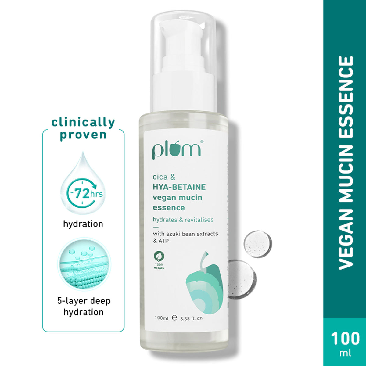 Plum Vegan Mucin Essence with Cica & Hya-Betaine for Soothing, Multi-Layer 72-Hr Hydration