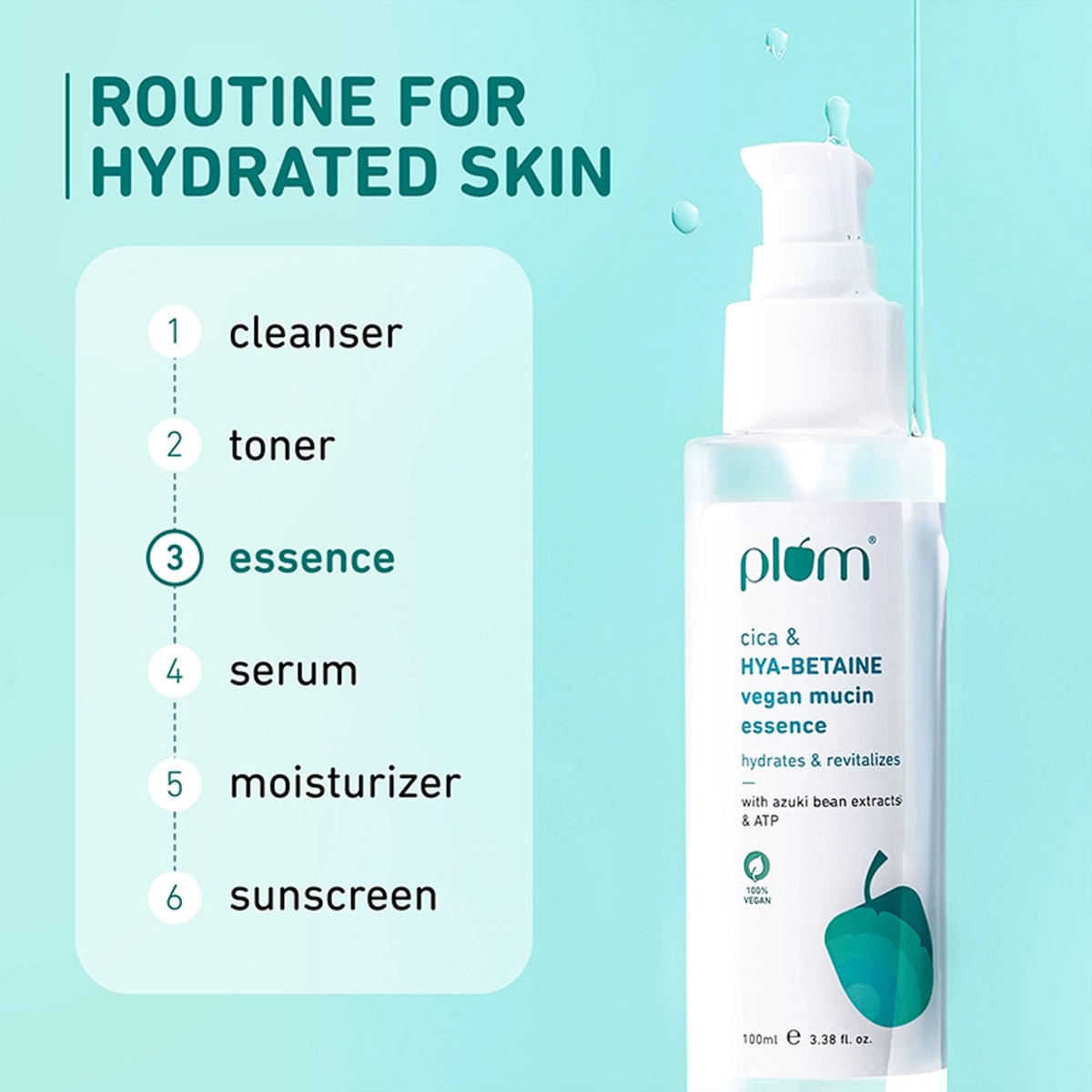 Plum Vegan Mucin Essence with Cica & Hya-Betaine for Soothing, Multi-Layer 72-Hr Hydration