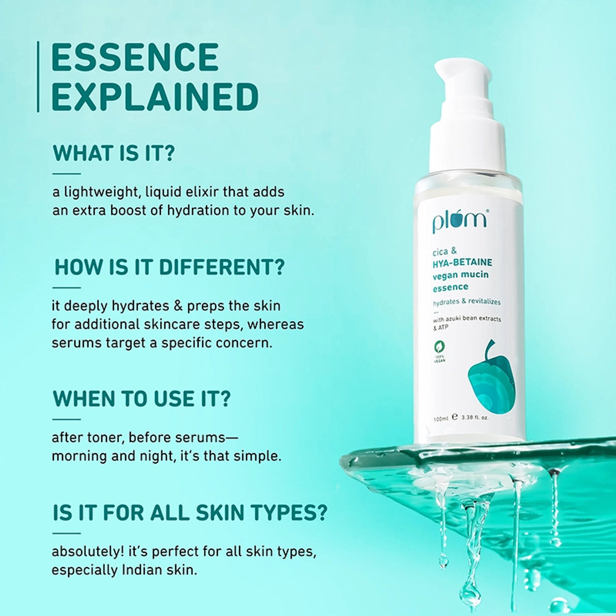 Plum Vegan Mucin Essence with Cica & Hya-Betaine for Soothing, Multi-Layer 72-Hr Hydration