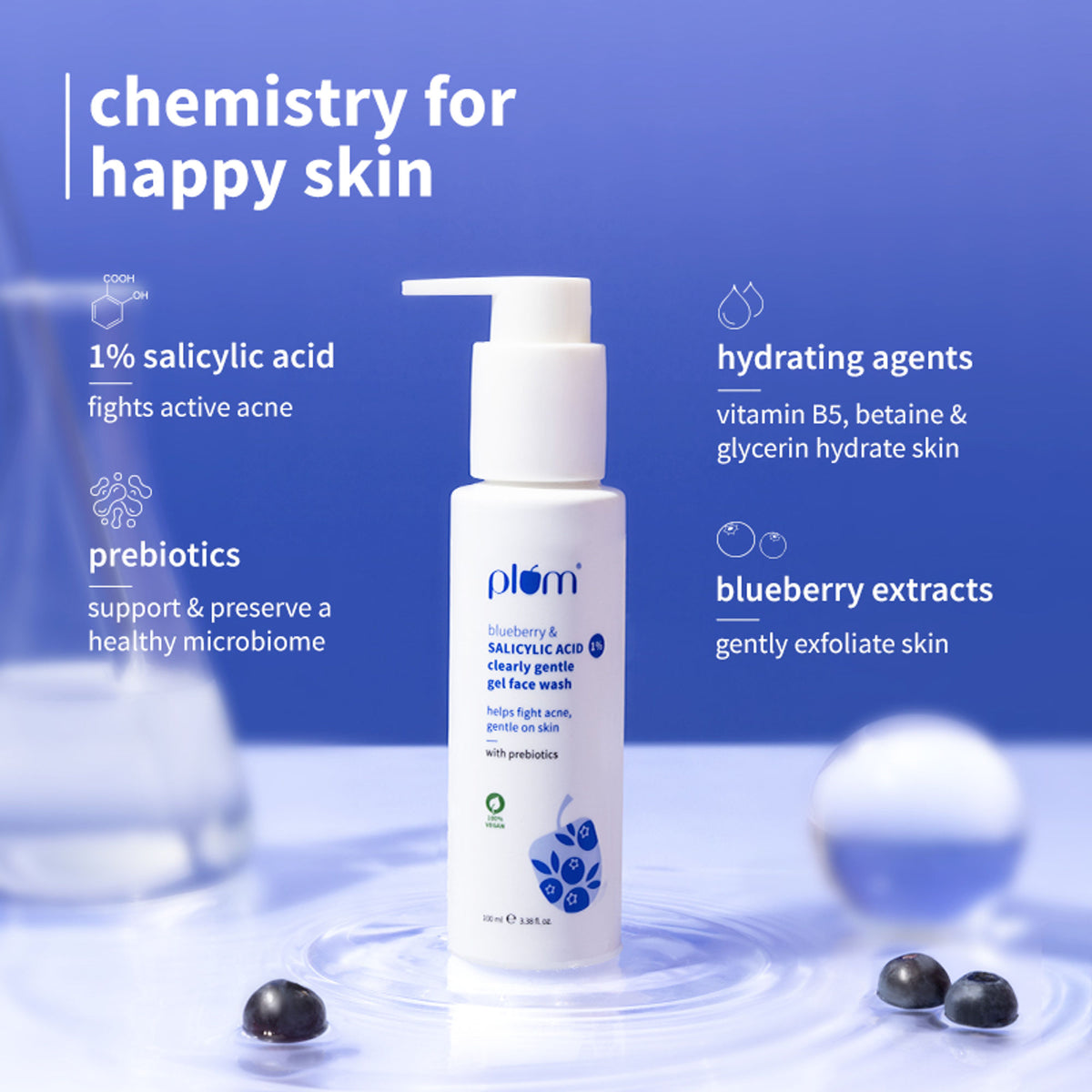 Plum 1% Salicylic Acid & Blueberry Clearly Gentle Gel Face Wash, For Acne Prone & Oily Skin