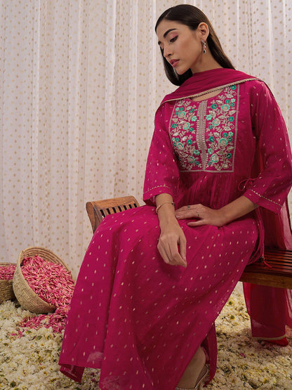 Indyancart IE Floral Embroidered A-Line Kurta with Trousers & Dupatta