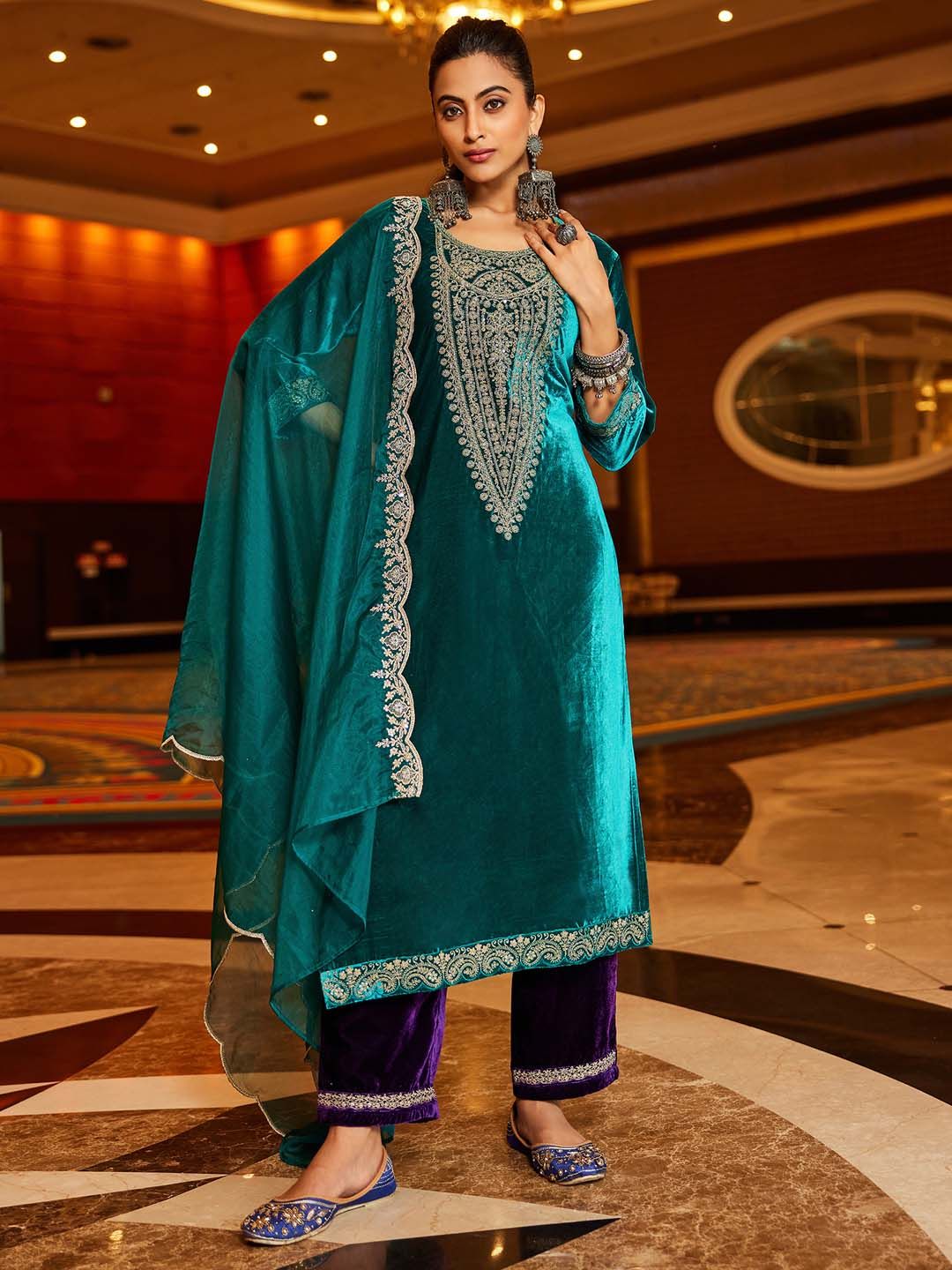 Women Ethnic Motifs Embroidered Regular Sequinned Velvet Kurta with Trousers & With Dupatta