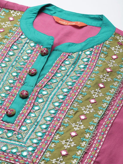 Indyancart IE Ethnic Motifs Embroidered Panelled Mirror Work Kurta With Trousers & Dupatta