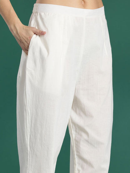 Indyancart IE Floral Printed Straight Beads and Stones Linen Kurta With Trousers And Dupatta