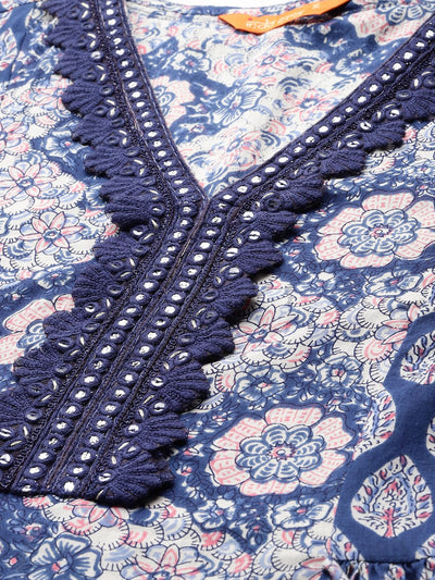 Indyancart IE Floral Printed Angrakha Mirror Work Pure Cotton Kurta with Trousers