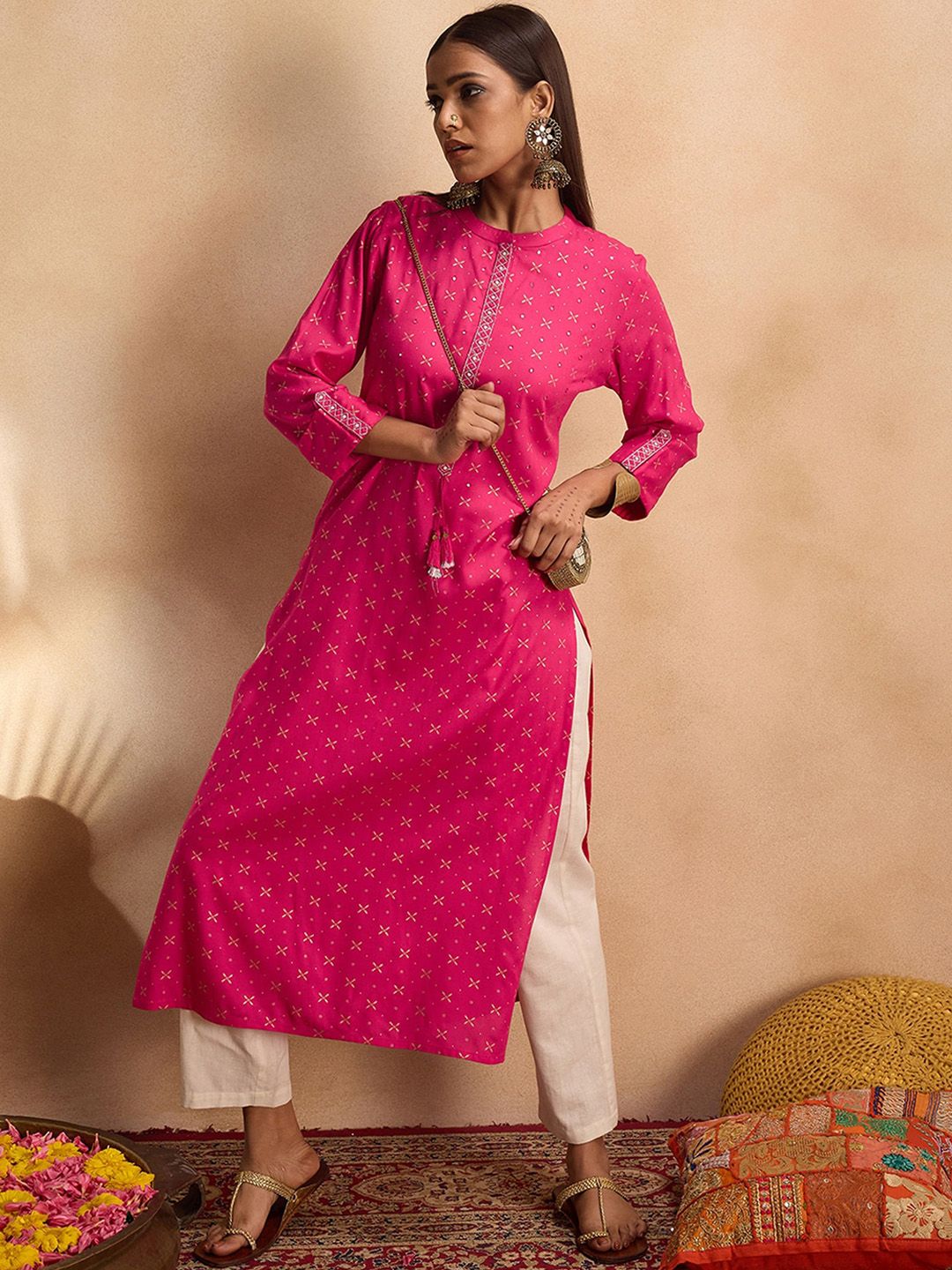 Indyancart IE Ethnic Motifs Printed Mirror Work Straight Kurta