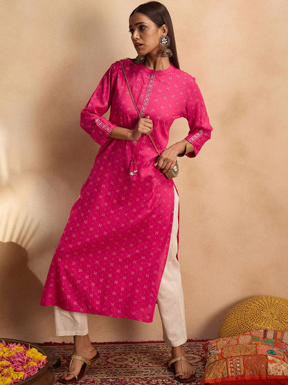 Indyancart IE Ethnic Motifs Printed Mirror Work Straight Kurta