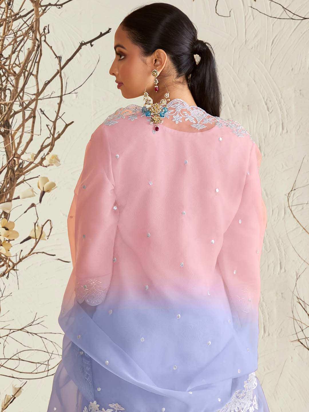 Indyancart IE Lavender Floral Embroidered Round Neck Thread Work Kurta with Trousers & Dupatta