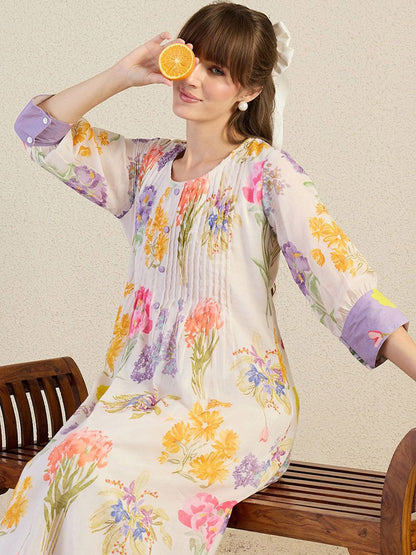 Indyancart IE Printed Pure Cotton Round Neck Top With Trousers Co-Ords