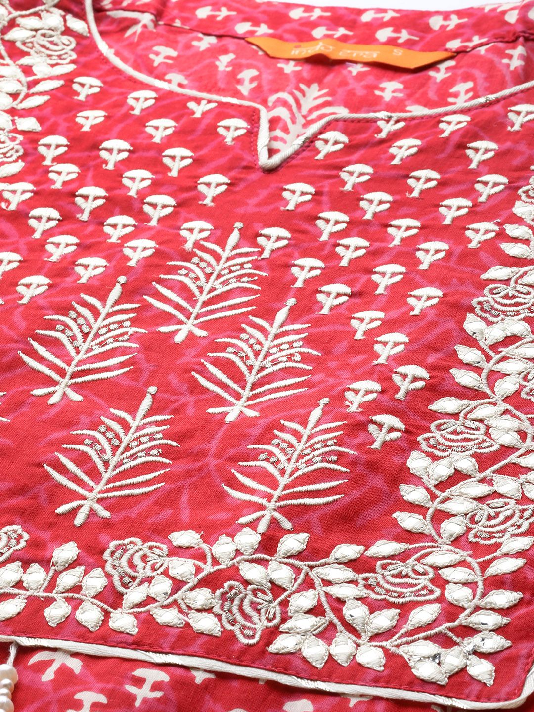 Indyancart IE Women Coral Ethnic Motifs Printed Gotta Patti Kurta with Palazzos & With Dupatta