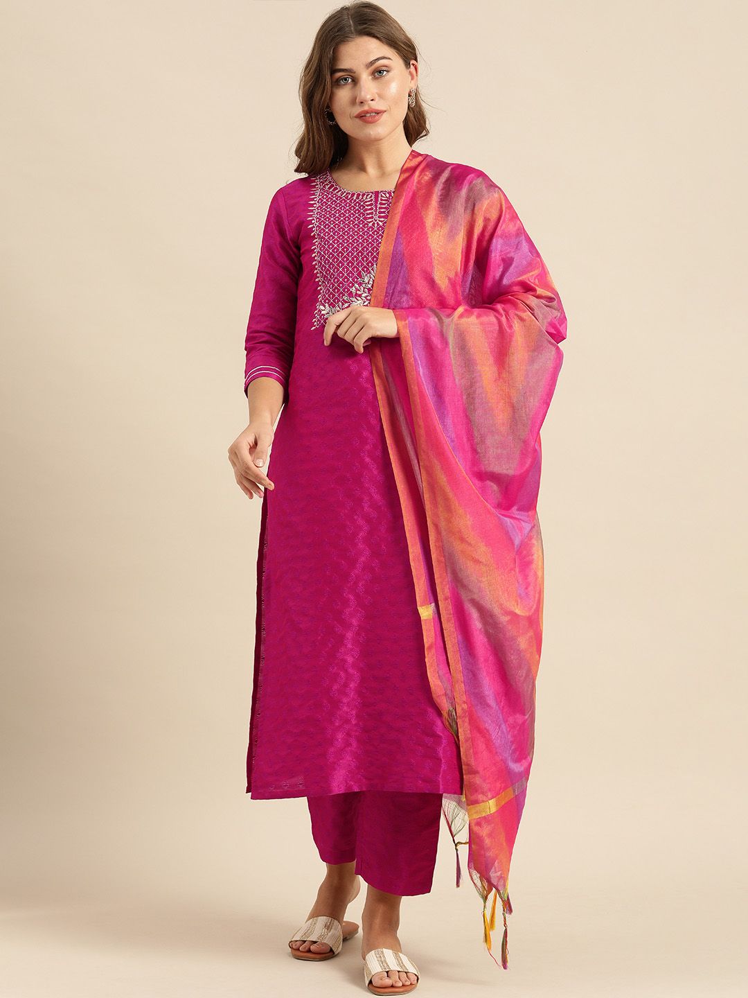 Indyancart VA Women's Magenta & Gold-Toned Embroidered Kurta with Trousers & Dupatta