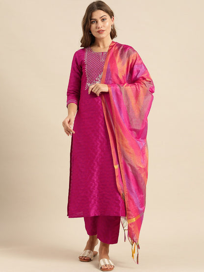 Indyancart VA Women's Magenta & Gold-Toned Embroidered Kurta with Trousers & Dupatta