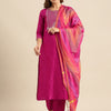 Indyancart VA Women's Magenta & Gold-Toned Embroidered Kurta with Trousers & Dupatta