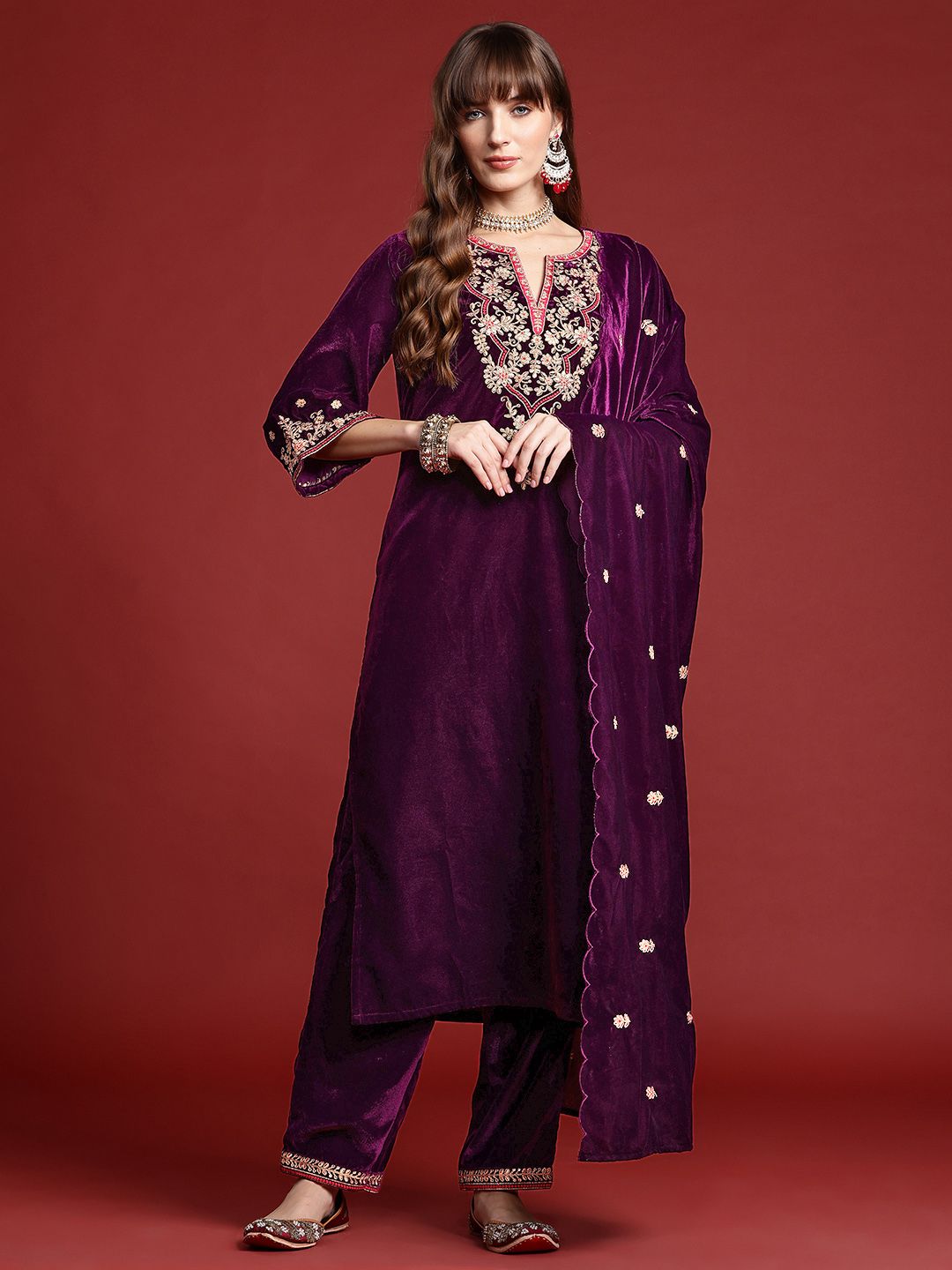Indyancart IE Ethnic Motifs Embroidered Zari Velvet Kurta With Trousers & Dupatta