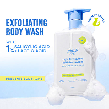 Nykaa 1% Salicylic Acid & Lactic Acid Exfoliating Body Wash - Treats Body Acne & Strawberry Skin