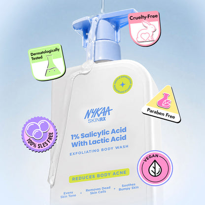 Nykaa 1% Salicylic Acid & Lactic Acid Exfoliating Body Wash - Treats Body Acne & Strawberry Skin