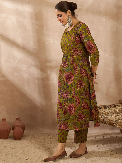 Dhiyona IE Floral Printed Cotton A-Line Tunic With Trousers Co-Ords