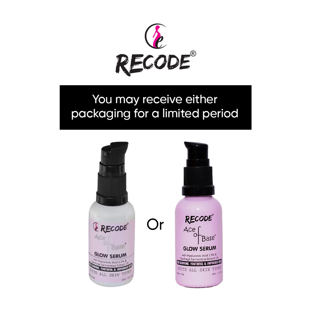 Recode Ace Of Base Glow Face Serum in a sleek bottle, showcasing its hydrating and brightening serum for radiant skin.