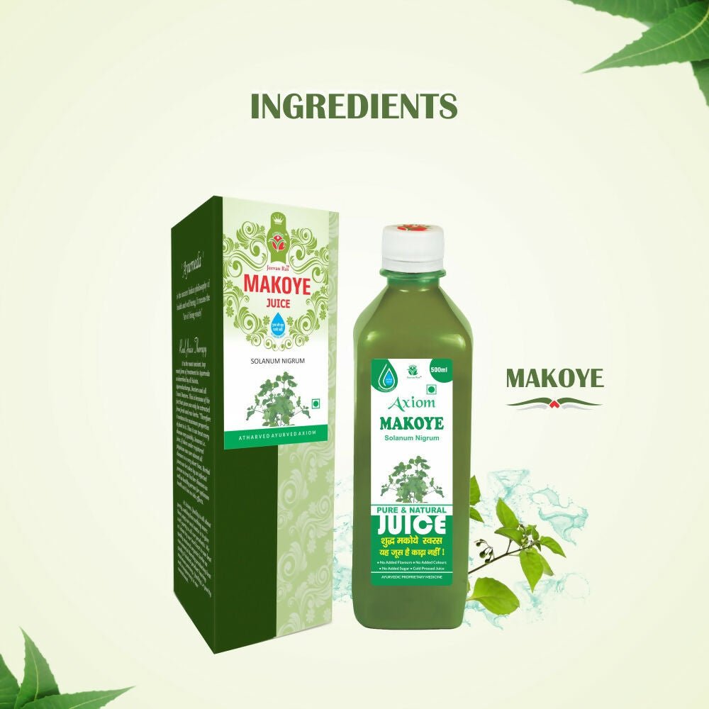 Axiom Makoye Juice in a glass bottle, showcasing Ayurvedic drink with natural ingredients and vibrant label design.