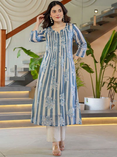 Indyancart IE Floral Printed Round Neck A-Line Pure Cotton Kurta With Trousers